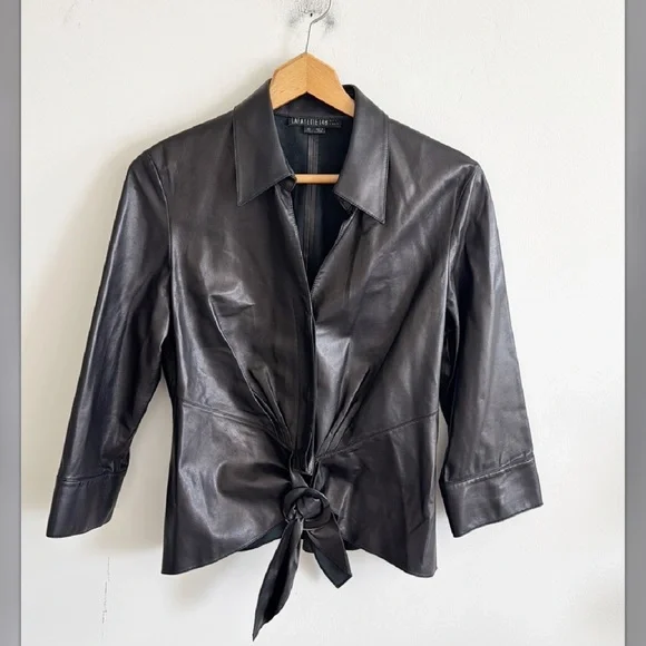 Lafayette 148 black/brown leather tie front jacket top size 10